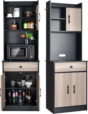 Produktbild von 180 cm Küchenschrank hoch, Mehrzweckschrank Holz mit Schublade & verstellbaren Einlegeboeden, Buffetschrank mit Türen, Aufbewahrungsschrank mit Kippsicherung, Hochschrank 60x40x180 cm (Schwarz)