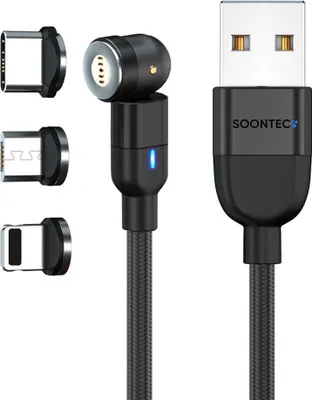Produktbild von Magnet Ladekabel 3 Meter SOONTEC Magnetladekabel Datenkabel drehbar 360°&180° Micro USB/ USB-C/ Lightning 3,0A magnetisch (schwarz)