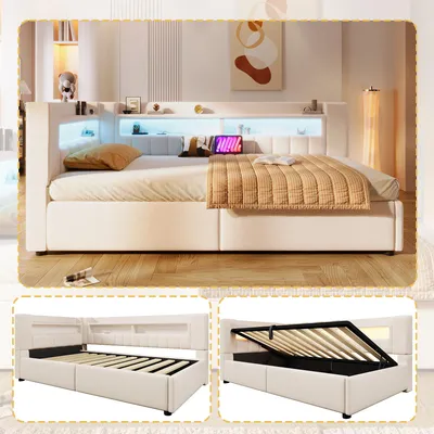 Produktbild von Daybett 90x200 cm mit LED-Beleuchtung und USB-C Ladeanschluss - Hydraulisches Sofabett mit Stauraum in Beige