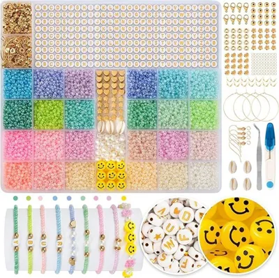 Produktbild von 24 Bunte 3mm Glasperlen Set | Mit 300 Buchstaben- & Smileyperlen | Für DIY Armband Schmuckherstellung