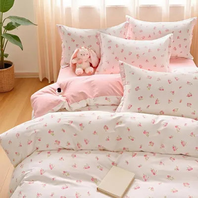 Produktbild von Bettwäsche Set 140x200 cm Mädchen Rosa Weiß Tulpen Blumen Mikrofaser 2-teilig