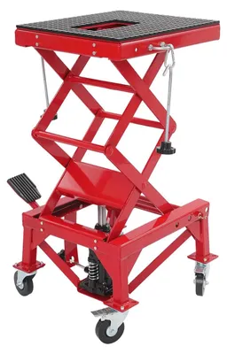 Image de Cric hydraulique pour moto - Cric en acier pour charges lourdes - Capacité de charge : 200 kg - Plage de levage : 35–87 cm - 4 roulettes - Rouge