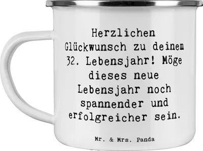Produktbild von Mr. & Mrs. Panda becher emaille Spruch 32. Geburtstag - Weiß - Geschenk, Pott, Meilenstein, Happy Birthday, Glückwunsch, Kaffeepott, Tasse, Geburtstagsgeschenk, feiern
