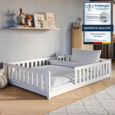 Produktbild von Kinderbett Bodenbett 140x200 cm Bett mit Rausfallschutz & Lattenrost Montessori Bett Kinder Jugendbett | weiß Kiefer Holz massiv Junge Mädchen