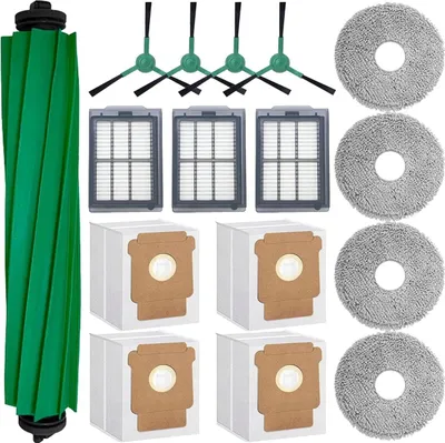 A collection of robot vacuum cleaner replacement parts laid out on a white background.
