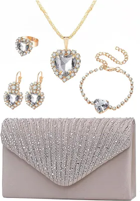 Productafbeelding van 5-delige set hartsieraden en clutch voor vrouwen voor bruiloften en feesten