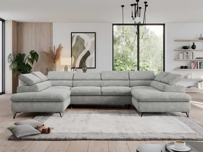 Produktbild von U-Ecksofa mit Schlaffunktion, verstellbare Kopfstützen, Couch mit Bettkasten - PEDRO U - Struktur - Hellgrau