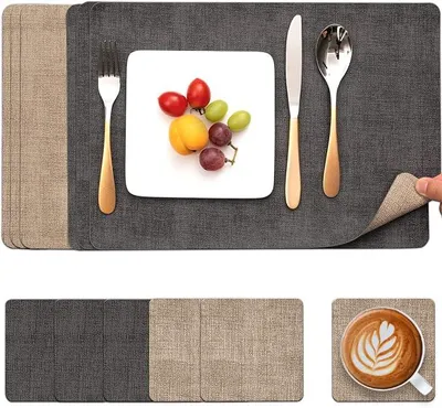Produktbild von PolkaHome® Platzset aus Kunstleder, Doppelseitig, Abwischbar, Antirutsch, Hitzebeständig, 6er Set, 43x30 cm, Grau-Beige