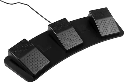 A black USB triple foot switch with three pedals on a curved base, shown from a slightly elevated angle against a white background.