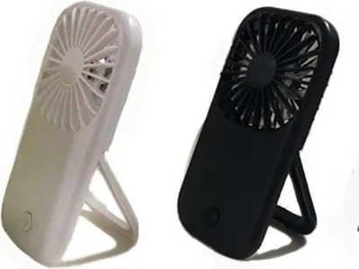 Two portable handheld fans, one white and one black, shown in profile against a white background.
