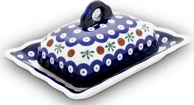 Produktbild von Original Bunzlauer Keramik Butterdose mit Wellenform 17,8x14,0x8,0 cm für 1/2 Stück Butter (125g) Dekor 41