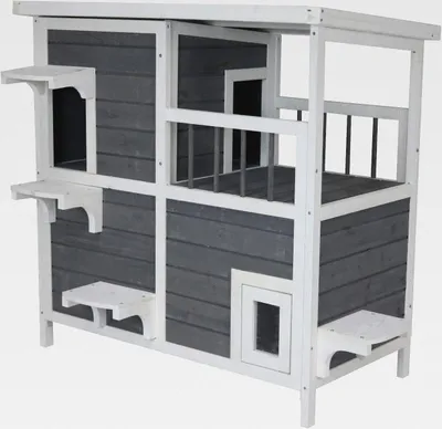 Produktbild von großes Katzenhaus grau-weiß | Katzenhütte über 2 Etagen | Katzen Holzhaus 87 x 45 x 90,5 cm |große Katzenhöhle