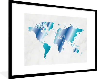 Produktbild von MuchoWow® Gerahmtes Poster Weltkarte - Blau - Marmor 90x60 cm - Poster mit Schwarzem Bilderrahmen Wandposter Rahmen Foto Bilder - Wanddekoration - Fotos
