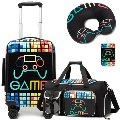Produktbild von 3-teiliges Kinderkofferset - Kinderreisekoffer - Reisetasche - Nackenkissen - Kofferlabel