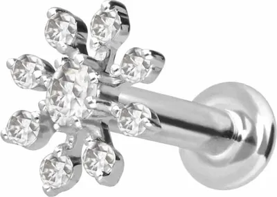 Produktbild von Ohrpiercing, Nasenpiercing 14 Karat Gold Labret mit Innengewinde MOISSANIT-BLUME 14 Karat | WeißGold Stablänge: 5mm - Stabstärke: 1,2mm
