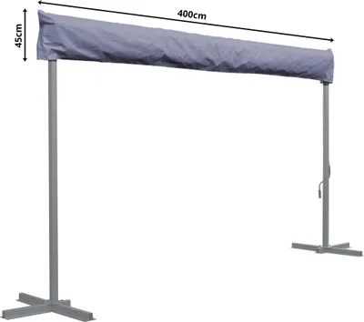 A gray fabric cover for a retractable awning is shown extended between two gray metal stands on a white background. Dimensions are indicated by arrows and text.
