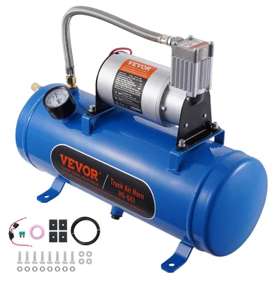 Obrázek produktu pro Vzduchový kompresor VEVOR 12 V s nádrží 6 l, sada vzduchového kompresoru pro tažné houkačky, pracovní tlak 90-120 psi, integrovaný systém vzduchového kompresoru pro tažné houkačky, huštění pneumatik, nákladních vozidel, SUV atd. Modrá