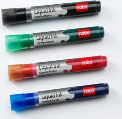 Zdjęcie produktu dla Nobo Liquid Ink Drymarkers, 6 szt., Czarny, Niebieski, Zielony, Pomarańczowy, Fioletowy, Czerwony, Końcówka pociskowa, Wielobarwny, 3 mm, 140 g