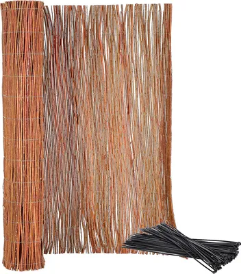 A rolled-up willow fence mat and a bundle of black cable ties on a white background.