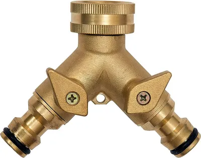 A brass Y-shaped hose splitter with two control valves and a threaded inlet.
