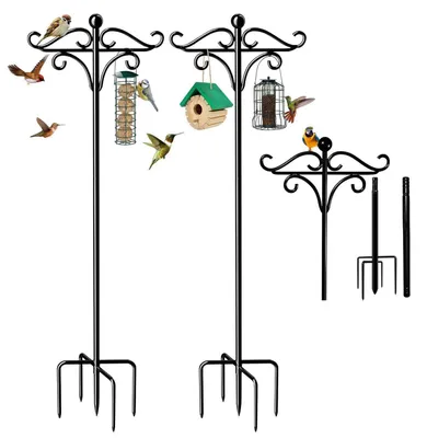 Image de Distributeur de graines pour oiseaux, lot de 2, station suspendue, 193 cm, métal, double crochet de berger, hauteur réglable