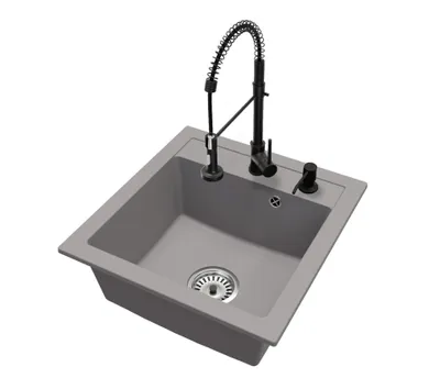Produktbild von Granitspüle Küchenspüle Schwarz 1 Becken mit SPIRAL Armatur Schwarz, Siphon Chrom und Seifenspender