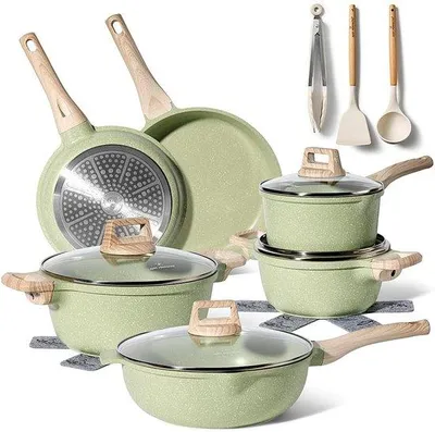 Produktbild von Famanu Set von 15 Antihaft-Töpfen und -Pfannen - Induktionsgeeignet - Weißer Granit