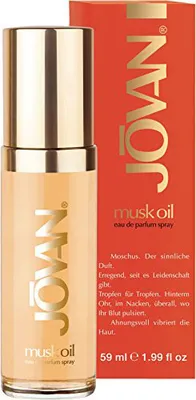 A bottle of Jovan Musk Oil Eau de Parfum Spray and its packaging.