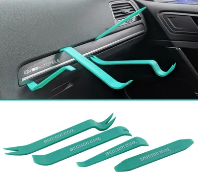 A set of teal plastic trim removal tools is displayed against a dark interior car panel and then on a white background.