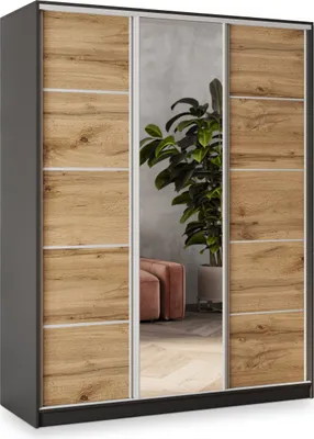 Produktbild von Masseno Schiebetürenschrank NATA 160/205/58 cm Kleiderschrank mit 4 Schubladen Schlafzimmer Schrank 3-türig mit Spiegel Schwarz / Eiche Wotan