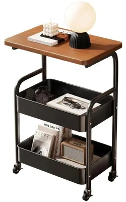 Immagine prodotto di Carrello portaoggetti a 3 ripiani - Carrello da cucina in metallo con piano in legno - Rotazione a 360° con ruote bloccabili - Carrello portante per cucina, ufficio, dormitorio - Colore nero