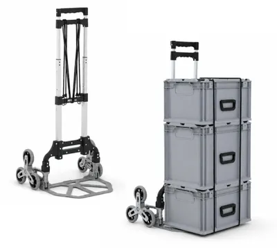 Produktbild von Klappbare Alu-Treppensackkarre ELEPHANT | Traglast 80kg | HxBxT 100x39x47cm | Aluminiumrahmen, ergonomische Griffe, pannensichere Vollgummibereifung | Silber | Treppensteiger Transportkarre Staplerkarre