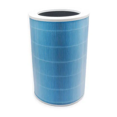 A cylindrical air filter with blue pleated material and white top and bottom rims, isolated on a white background.
