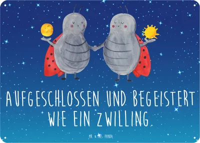 Produktbild von Mr. & Mrs. Panda Wandbild Sternzeichen Zwilling DIN A3 - Sternenhimmel Blau - Geschenk, Schild, Zwillingsschwester, Zwillingsbruder, Glückskäfer, Marienkäfer, Türschild