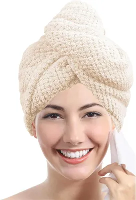 Productafbeelding van Haardroger-muts voor dames, voor snelle haardroging, absorberende haarkap met knoop, 24,9 x 64 cm, beige, blauw (beige)
