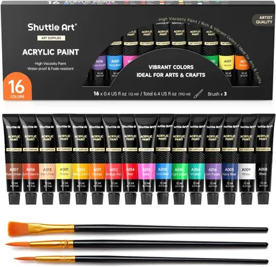 Productafbeelding van Art Acrylverfset - 16 Kleuren Acrylverf van Artistieke Kwaliteit - 12ml per Tube - 3 Penselen - Kinderen - Volwassenen & Kunstenaars - Canvas