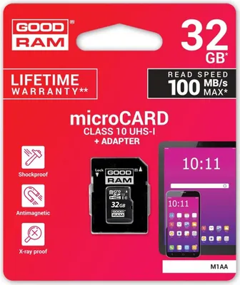 Zdjęcie produktu dla Goodram M1AA, 32 GB, MicroSDHC, Klasa 10, UHS-I, 100 MB/s, 10 MB/s
