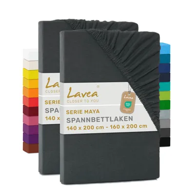 Zdjęcie produktu dla Lavea® 2-pak prześcieradeł z gumką 140 x 200 cm – 160 x 200 cm, prześcieradło 100% bawełna dżersejowa, z gumką na całym obwodzie, do materacy o wysokości do 20 cm, miękkie, stabilne, trwałe, antracytowe