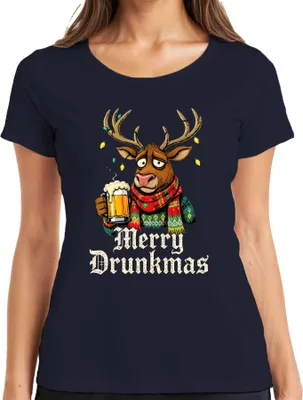 Produktbild von Merry Drunkmas Rentier Bier Weihnachten Lustig Geschenk Ugly Damen T-Shirt, Navy, S