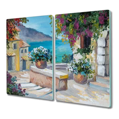 Produktbild von Coloray Hackbrett Herdabdeckplatte 2x30x52 cm Küchenbrett Kochplattenabdeckung Schneidebrett - Stadt Blumen Himmel
