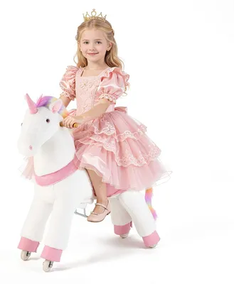 Produktbild von Reitpferd auf Rollen für Kinder - Stehpferd Einhorn 99 cm - Mit Soundfunktion - Bis 80 kg belastbar - Erhöhter Sitz mit Griffen & Pedalen - Weiß mit Regenbogenmähne