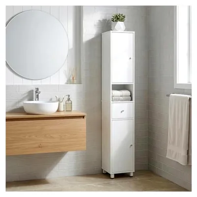 Produktbild von Badezimmerschrank mit Schublade und verstellbaren Ablagen, 30 x 30 x 170 cm (Weiß)