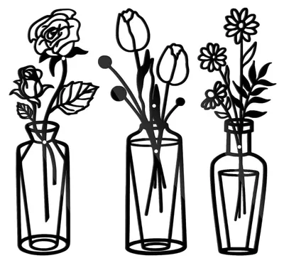3er-Set schwarze Metallvasen Wanddeko mit Drahtblumen