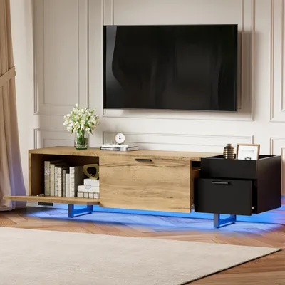 Produktbild von STILVORA TV-Schrank mit offenen Fächern und großen Schubladen, Lowboard mit geschlossenem Stauraum, Fernsehtisch in Naturholzoptik und Schwarz
