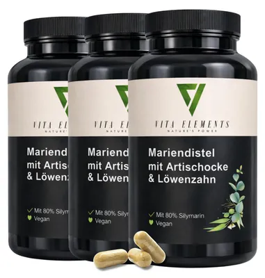 Produktbild von Vita Elements Mariendistel Komplex 3er Set 120 Kapseln Silymarin Artischocke Nahrungsergänzungsmittel