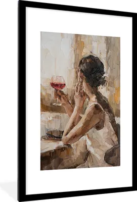 Produktbild von MuchoWow® Gerahmtes Poster Gemälde - Frau - Wein - Öl 60x90 cm - Poster mit Schwarzem Bilderrahmen Wandposter Rahmen Foto Bilder - Dekoration - Wandposter Wohnzimmer - Hochwertig