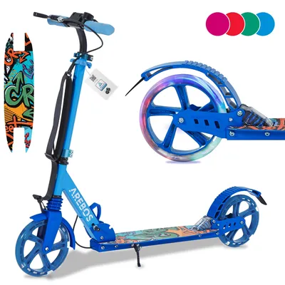 Produktbild von AREBOS Cityroller Tretroller mit LED, höhenverstellbar, klappbar, inkl. Tragegurt, Hand- & Trittbremse, für Kinder und Erwachsene, bis 100kg belastbar Roller,Blau