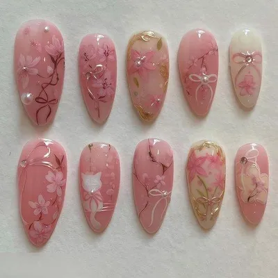 Produktbild von Kunstnägel Blumen Design - Press-on Nägel mit 3D Perlen und Kristallen - 24 Stück - Rosa