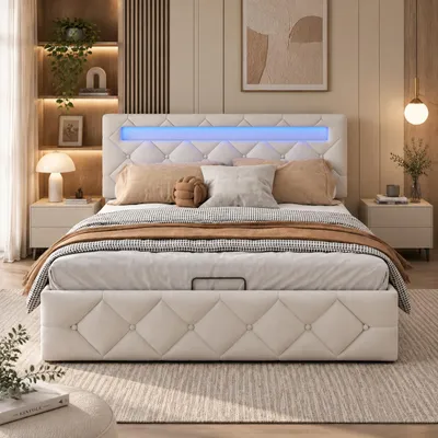 Productafbeelding van INONEFT Hydraulisch verstelbaar bed met kussenbodem, 140x200 cm, met LED-verlichting, jeugdbed met in hoogte verstelbaar hoofdeinde, bedframe met lattenbodem, fluweel, crèmekleurig, AI-gegenereerde afbeelding