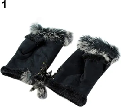 Produktbild von Damen Winter Faux Kaninchen Pelz Kunstleder Fingerlose Handschuhen Handschuhe - (schwarz)